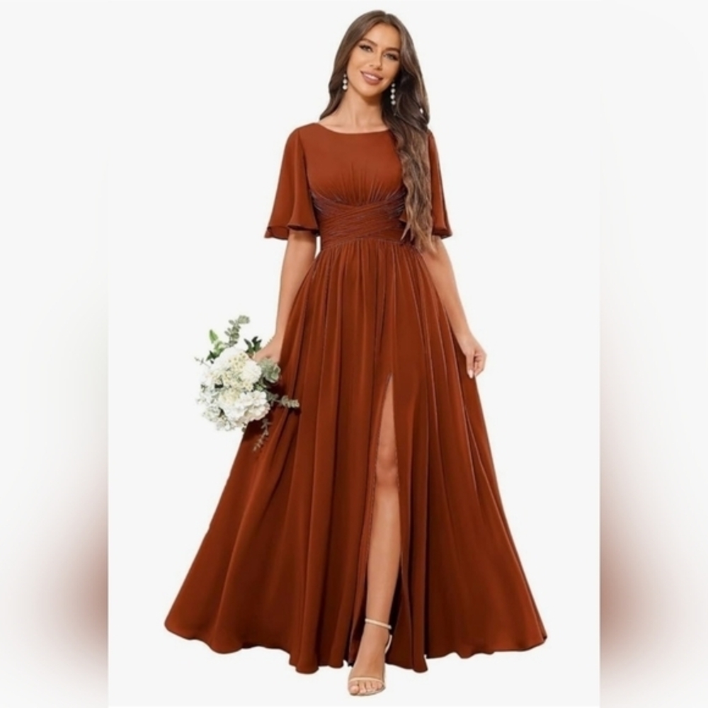 NWT Chiffon Bridesmaid Elegant Rust Orange Maxi Dress